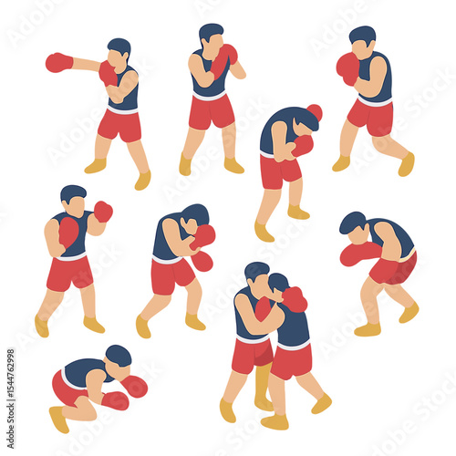 Boxing Techniques Icons. Isometric Flat icon set of boxing techniques and movements: jab punch, cross punch, hook, uppercut, slip,