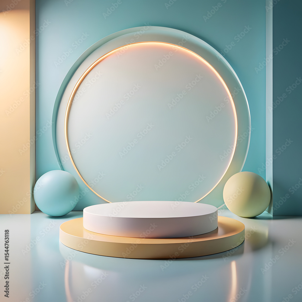 Modern Minimal 3D Podium with Glowing Circular Backdrop – Pastel Product Display, 3d render of a glass sphere Modern Minimal 3D Podium with Glowing Circular Backdrop – Pastel Product Display, 3d render of a glass sphere