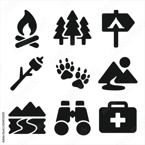Camping Icon Set. Solid, filled icons set of camping and wilderness trips: campfire, forest trees, campsite