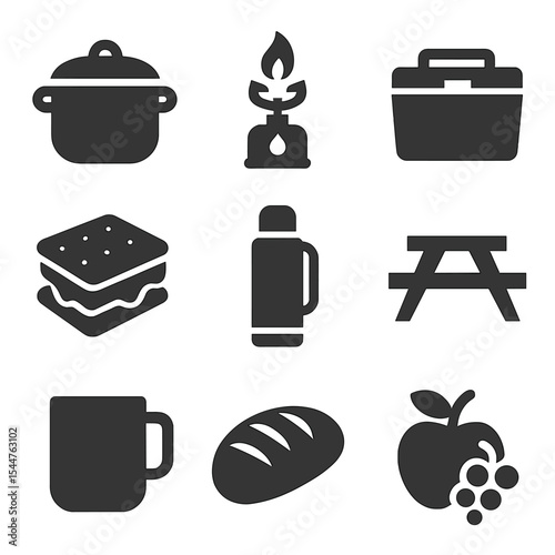 Camping Meal Icons. Solid, filled icons set of camping meals and food prep: cooking pot, camping stove, food