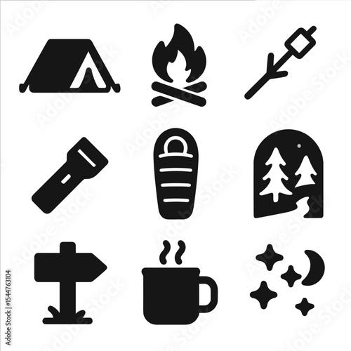Camping Icons Grid. Solid, filled icons set of camping and outdoor bonding: tent setup, campfire, marshmallow