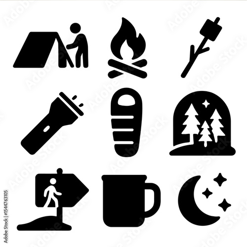 Camping Icons Grid. Solid, filled icons set of camping and outdoor bonding: tent setup, campfire, marshmallow