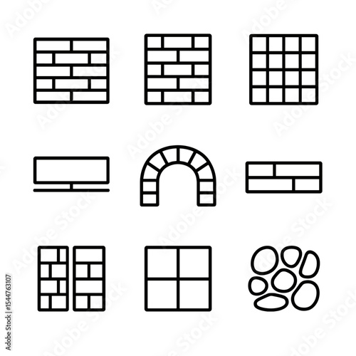 Brick Pattern Icons. Outline icon set of brick and masonry patterns: stretcher bond, Flemish bond, glazed brick, mortar joint,