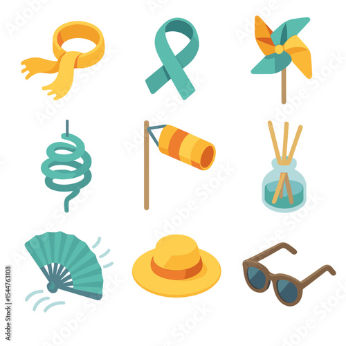 Breeze Accessories Icons. Isometric Flat icon set of breeze accessories: scarf fluttering, ribbon, pinwheel, wind spinner, wind