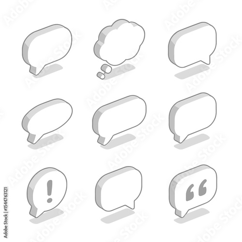 Bubble Icon Set. Isometric Flat icon set of bubble text UI elements: speech bubble, thought bubble, shout bubble, whisper bubble,