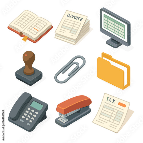 Business Icons Set. Isometric Flat icon set of business accounting desk: ledger book, invoice stack, spreadsheet on screen, stamp,