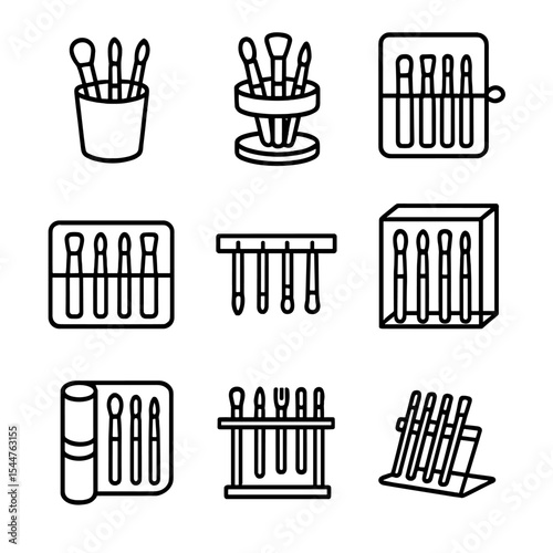 Brush Storage Icons. Outline icon set of brush storage solutions: brush holder cup, rotating organizer, brush roll, drawer divider