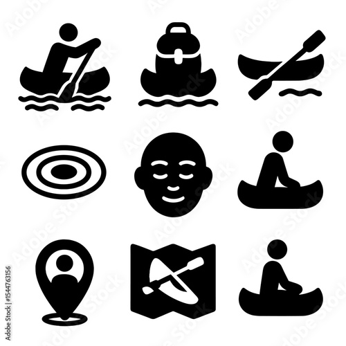 Canoeing Icon Grid. Solid, filled icons set of solo canoeing: single paddler, mid-river, backpack inside canoe