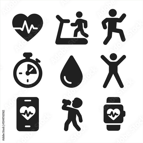 Cardio Fitness Icon Set. Solid, filled icons set of cardio health improvement: heart rate icon, treadmill,