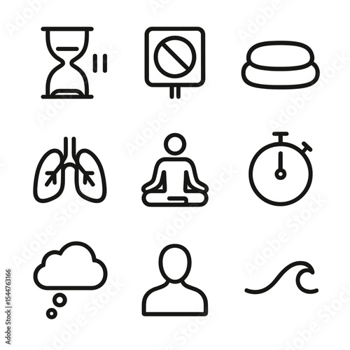 Calm Timeout Icons. Outline icon set of calm timeouts: hourglass pause, quiet zone sign, cushion seat, breathing lungs, meditation