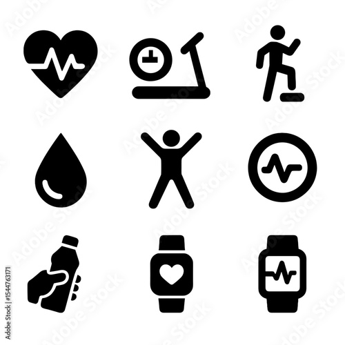 Cardio Fitness Icon Set. Solid, filled icons set of cardio health improvement: heart rate icon, treadmill,