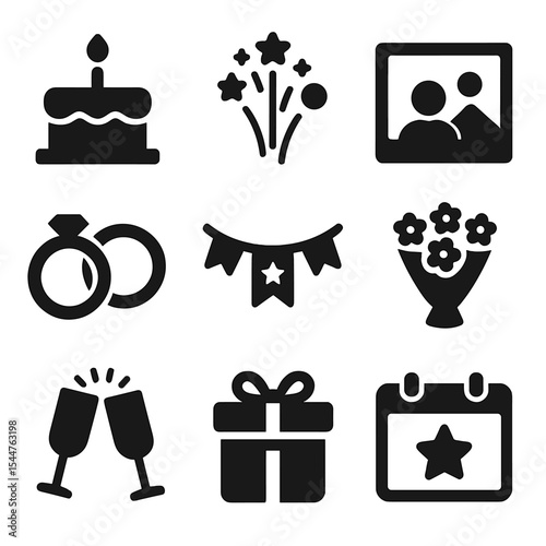 Celebration Icons Grid. Solid, filled icons set of celebrating milestones: anniversary cake, fireworks, photo