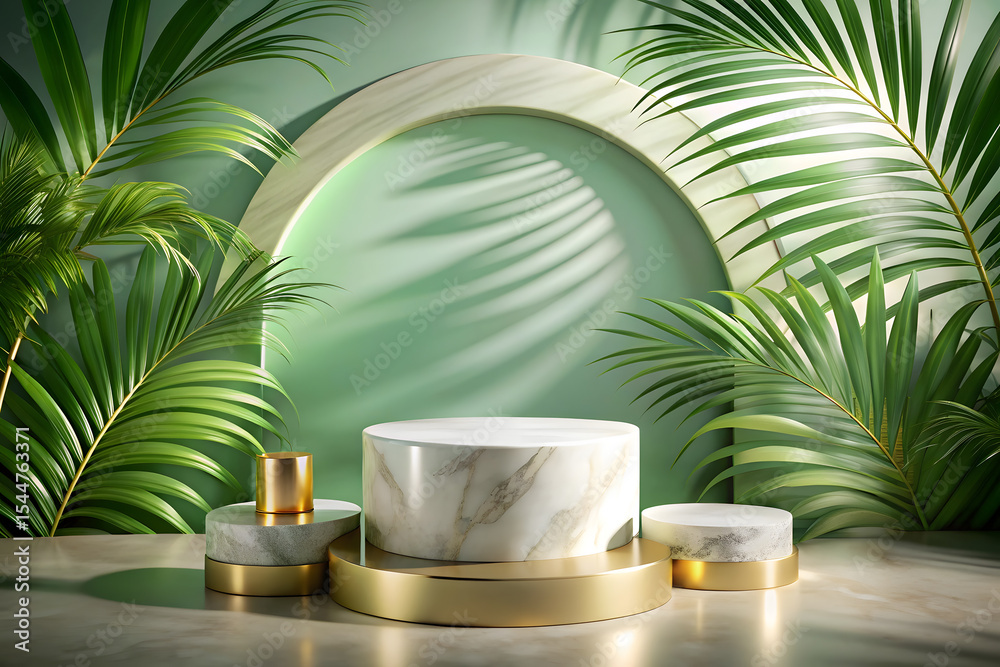 Tropical Luxury Product Display with Marble Podium and Green Palm Leaves – 3D Mockup Tropical Luxury Product Display with Marble Podium and Green Palm Leaves – 3D Mockup