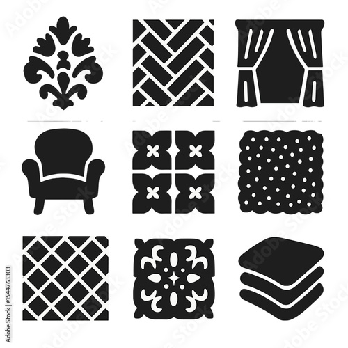 Chic Pattern Icons. Solid, filled icons set of sophisticated pattern layering: damask wallpaper, herringbone floor, elegant drape, velvet chair, classic pattern, refined texture, 