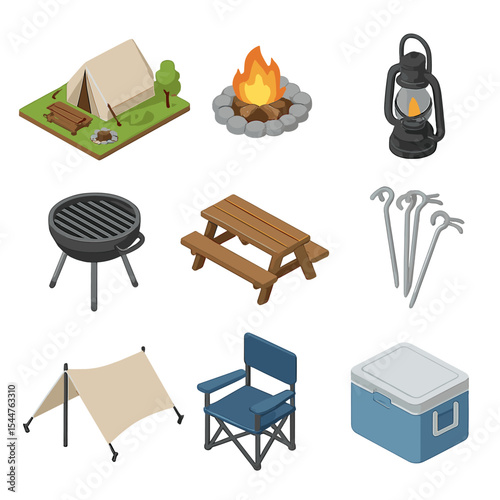 Camping Icon Set. Isometric Flat icon set of camping site setup on hike: campsite layout, fire pit, lantern, cooking grill, picnic