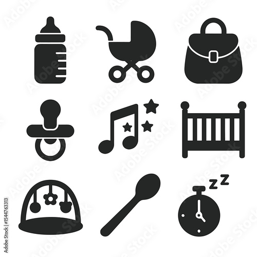 Childcare Icons Set. Solid, filled icons set of child caregivers: baby bottle, stroller, diaper bag, pacifier,