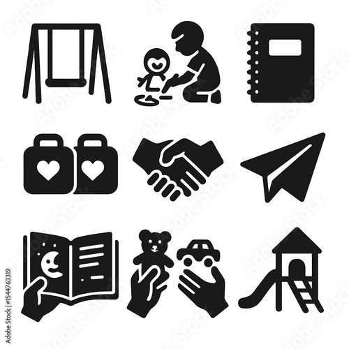 Childhood Friendship Icons. Solid, filled icons set of childhood friendship icons: swing set, chalk drawing,