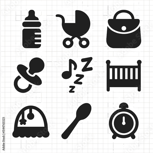 Childcare Icons Set. Solid, filled icons set of child caregivers: baby bottle, stroller, diaper bag, pacifier,