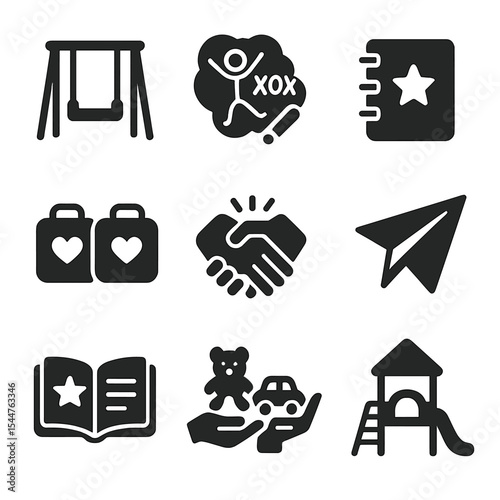 Childhood Friendship Icons. Solid, filled icons set of childhood friendship icons: swing set, chalk drawing,