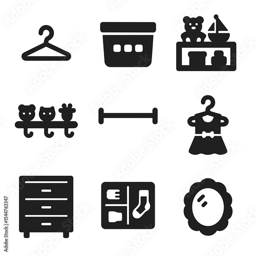 Children's Closet Icons. Solid, filled icons set of children’s closet: tiny hanger, color bin, toy shelf, rod