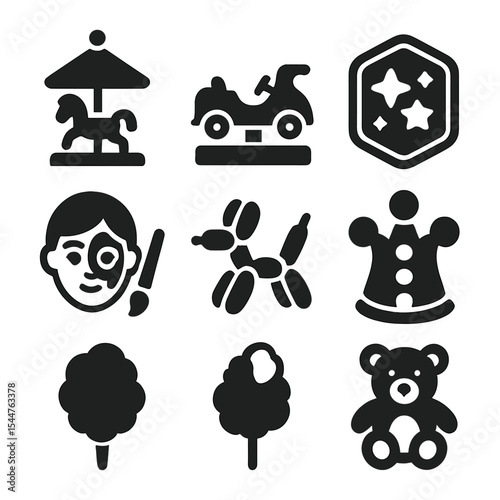 Children's Fairground Icons. Solid, filled icons set of children’s fairground activities: mini carousel, kiddie ride, coin ride, fun zone sign, 