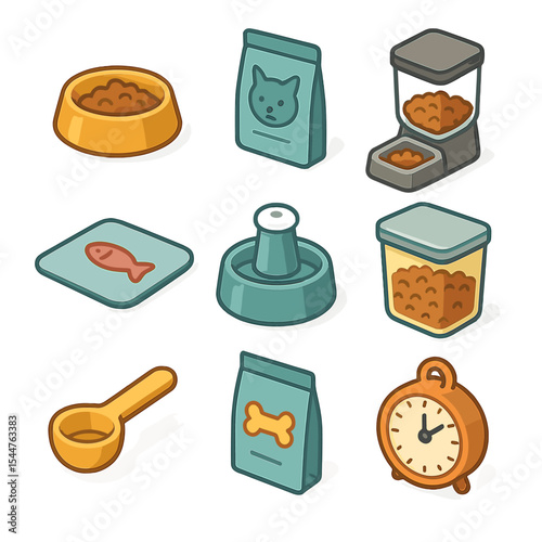 Cat Feeding Essentials. Isometric Flat icon set of cat feeding essentials: cat food bowl, wet food pouch, kibble dispenser, water