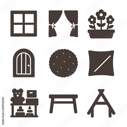 Children's Playhouse Icons. Solid, filled icons set of children’s playhouse design: window icon, tiny curtains