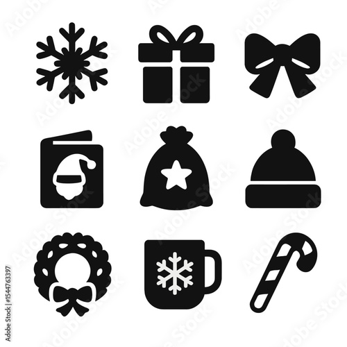 Christmas Icon Grid. Solid, filled icons set of Christmas exchange excitement: snowflake, gift icon, holiday