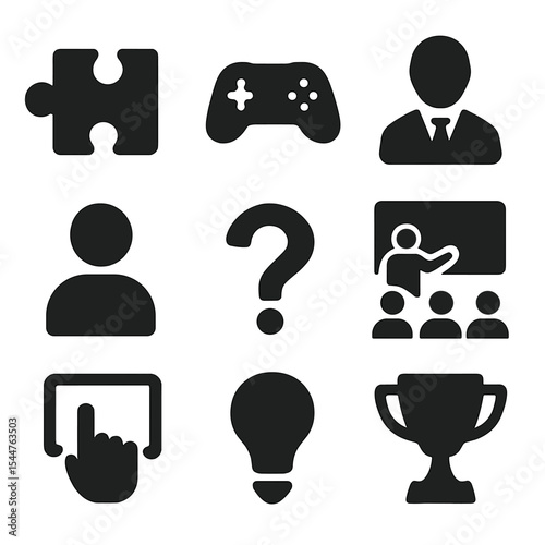 Classroom Game Icons. Solid, filled icons set of classroom games for learning: puzzle piece, game icon,