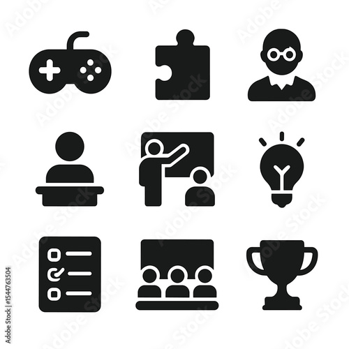 Classroom Icons Grid. Solid, filled icons set of engaging classroom activities: game icon, puzzle piece,
