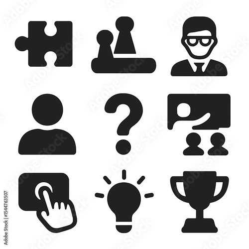 Classroom Game Icons. Solid, filled icons set of classroom games for learning: puzzle piece, game icon,