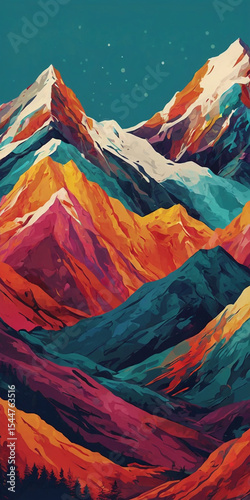 Night scene of colorful mountains under starry sky