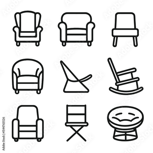 Chair Silhouette Icons. Outline icon set of chair silhouettes: wingback chair, club chair, slipper chair, barrel chair, sling