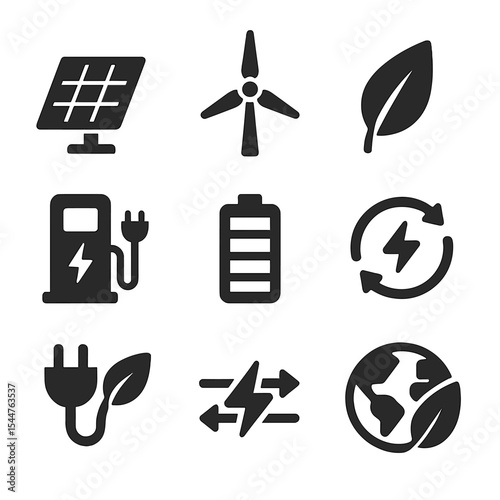 Clean Energy Icons. Solid, filled icons set of clean energy and EV charging: solar panel, wind turbine, green leaf, EV charger, battery, renewable energy symbol, 