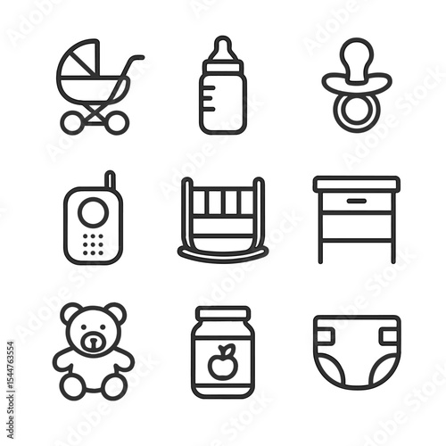 Child Care Line Icons. Outline icon set of child care relief: baby stroller, feeding bottle, pacifier, baby monitor, cradle,