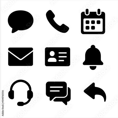 Client Communication Icons. Solid, filled icons set of client communication: speech bubble, telephone icon,