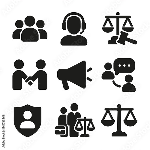 Client Rights Icons. Solid, filled icons set of client and community rights: people icon, support icon, legal