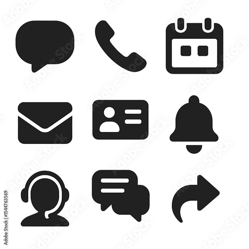 Client Communication Icons. Solid, filled icons set of client communication: speech bubble, telephone icon,
