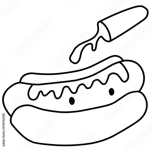 hand Drawn Cute line art illustration of a hot dog with mustard being squeezed on top. Perfect for kids menus, coloring books, or food related designs.