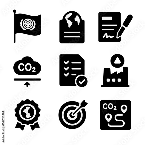 Climate Agreement Icons. Solid, filled icons set of global climate agreements and policy: UN flag, climate