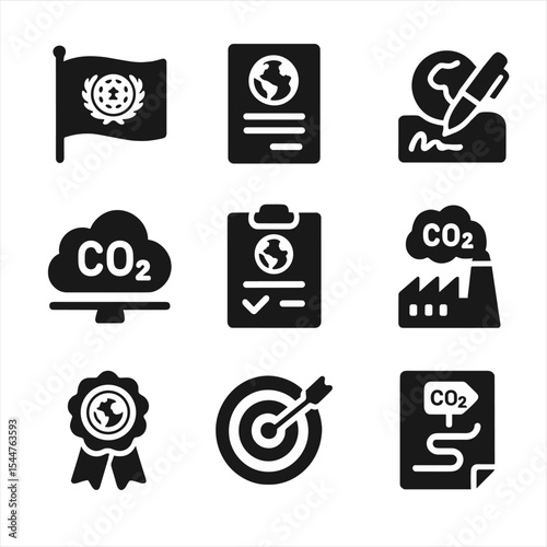 Climate Agreement Icons. Solid, filled icons set of global climate agreements and policy: UN flag, climate