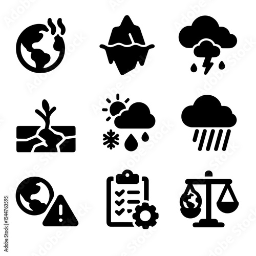 Climate Change Icons. Solid, filled icons set of climate change impacts: warm earth, melting ice, storm cloud,