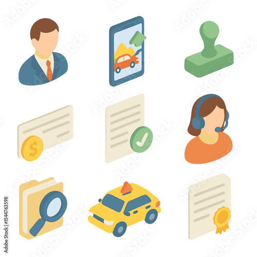 Claims Processing Icons. Isometric Flat icon set of claims processing workflow: claims adjuster avatar, damage photo upload,