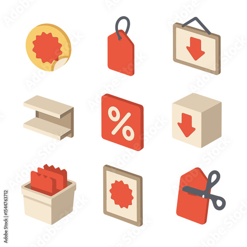 Clearance Sale Icons. Isometric Flat icon set of clearance and markdowns: clearance sticker, red price tag, “final sale” sign,