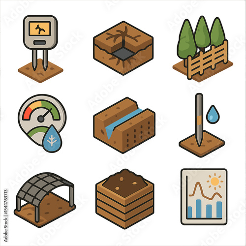 Climate Resilience Icons. Isometric Flat icon set of climate resilience measures: drought sensor, root barrier, windbreak fence,