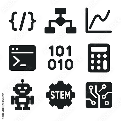 Coding & STEM Icons. Solid, filled icons set of coding and STEM tutoring: code brackets, flowchart icon, math