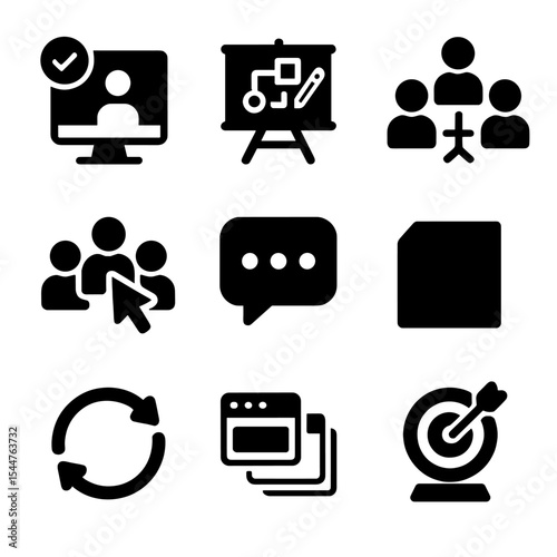 Collaboration Icon Set. Solid, filled icons set of remote collaboration dashboards: online status, digital whiteboard, cross-team icon, multi-user cursor, comment box,