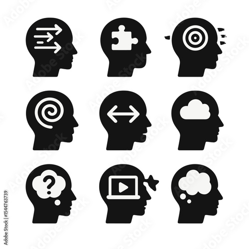 Cognitive Stress Icons. Solid, filled icons set of cognitive effects of stress: racing thoughts, memory lapse,