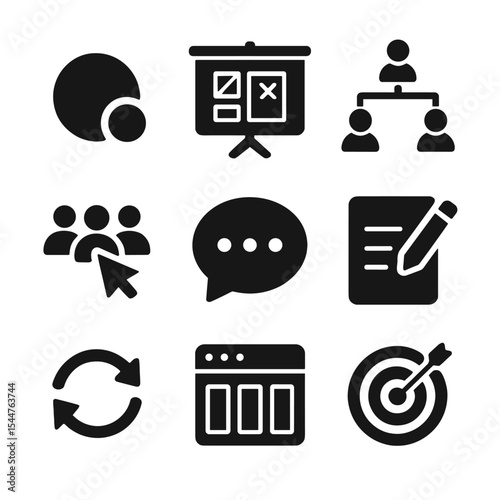 Collaboration Icon Set. Solid, filled icons set of remote collaboration dashboards: online status, digital whiteboard, cross-team icon, multi-user cursor, comment box, 