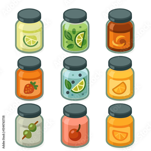 Cocktail Mixers Icons Grid. Isometric Flat icon set of cocktail mixers in jars: margarita mix, mojito base, old fashioned syrup,
